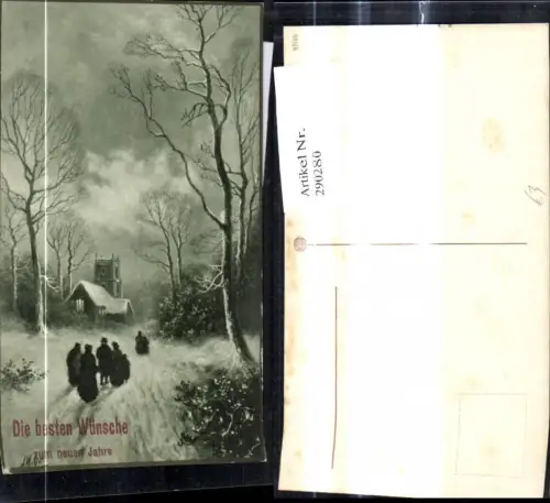 290280,Künstler Ak Neujahr Leute spazieren Winterlandschaft Haus