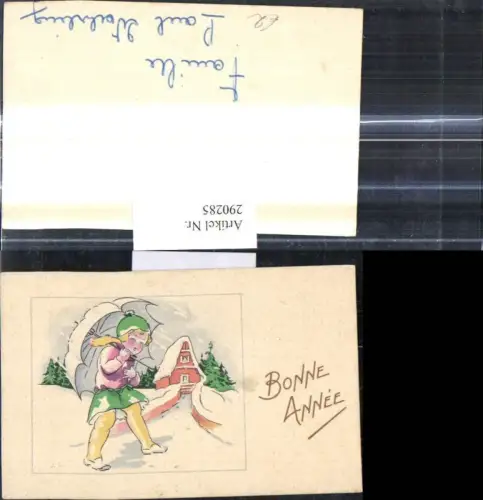 290285,Minikarte Neujahr Mädchen m. Schirm Schneeflocken Haus Winterlandschaft Bonne Anne