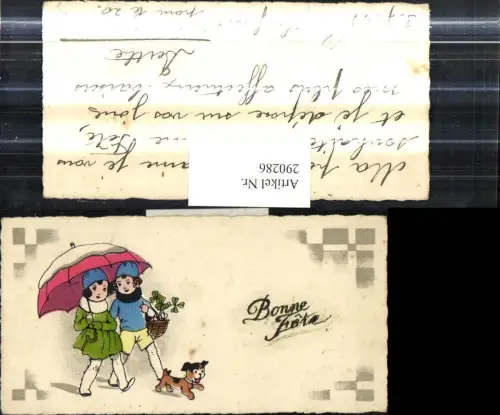 290286,Minikarte Neujahr Kinder Schirm Hund Korb m. Klee Kleeblätter Bonne Anne