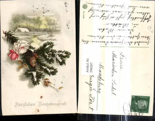 290287,Künstler Ak Neujahr Tannenzweig Zapfen Rose Haus Winterlandschaft