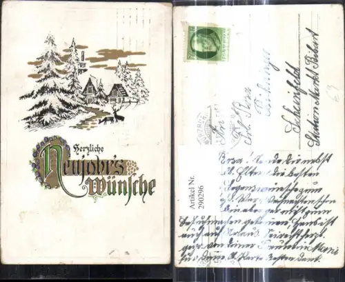 290296,Präge Ak Neujahr Haus Winterwald Rehe Wild Goldverzierung