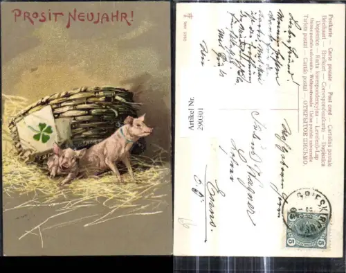 290301,Präge Ak Neujahr Schweine m. Halsschleife Korb Klee Kleeblatt Stroh