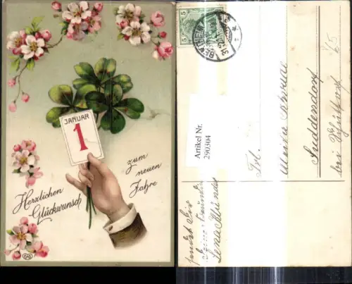 290304,Neujahr Kalenderblatt 1 Januar Klee Kleeblatt Hand Blütenzweige pub EAS