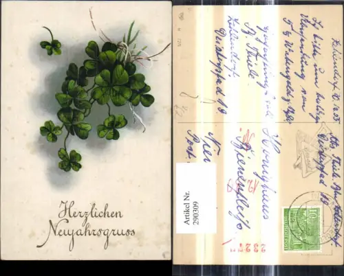 290309,Neujahr Klee Kleeblätter Schleife Strauß Präge Goldschrift pub EAS M 125