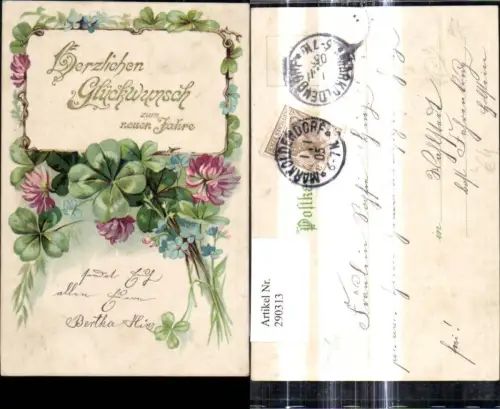 290313,Litho Neujahr Klee Kleeblätter Blüten Vergissmeinnicht Blumen