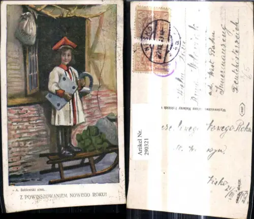 290321,Künstler Ak A. Soblewski Neujahr Mädchen Hut Hufeisen steht a. Schlitten Geldsack v. Fenster