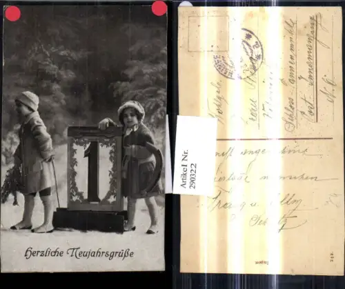 290322,Neujahr Kinder m. Schlitten Kalenderblatt 1 Hufeisen Winter Rodel