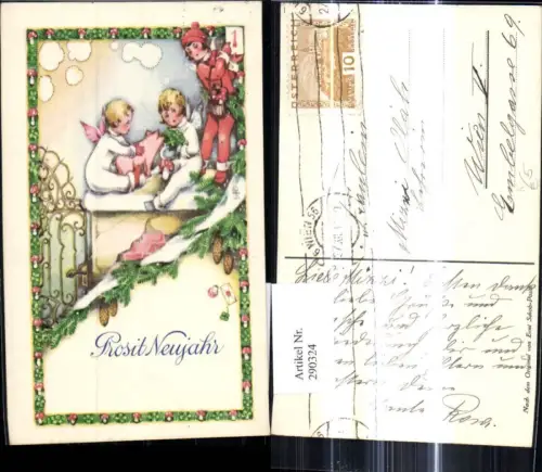 290324,Künstler Ak Erni Schob-Posch Neujahr Engel a. Dach Schwein Klee Fliegenpilze Kalenderblatt