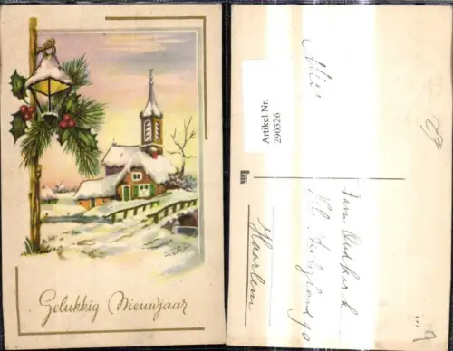 290326,Künstler Ak Neujahr Kirche Winterlandschaft Laterne Tannenzweige Gelukkig Nieuwjaar