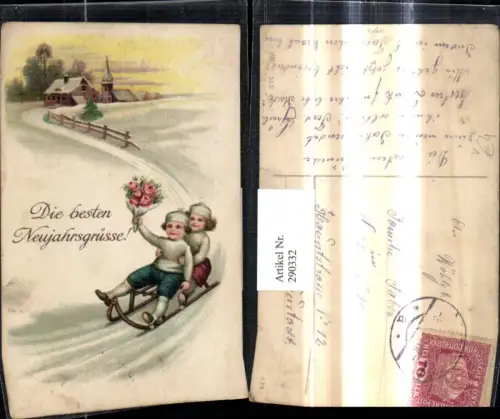 290332,Künstler Ak Neujahr Kinder a. Schlitten Rodel Blumenstrauß Kirche Winterlandschaft pub HWB 2665
