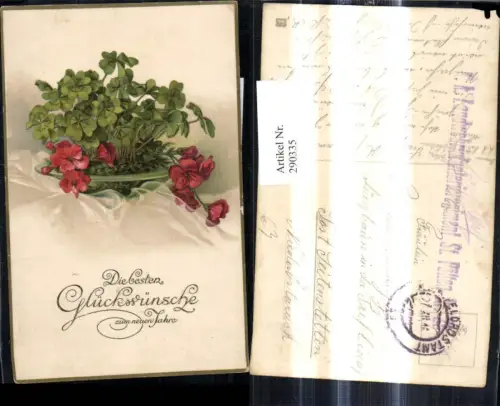 290335,Neujahr Schale m. Klee Kleeblätter Blumen Präge Goldschrift