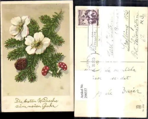 290337,Neujahr Tannenzweig Schneerosen Blüten Zapfen Fliegenpilz Pilz Goldschrift