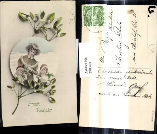 290340,Künstler Ak Neujahr Frau m. Kinder Muff Pelz Passepartout Mistelzweig