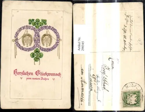 290345,Präge Litho Neujahr Hufeisen m. Spinnennetz Klee Schleife Blumenkranz
