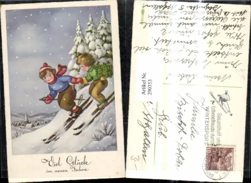 290353,Künstler Ak Neujahr Kinder Schi Skifahren Klee Strauß Dorf Winterlandschaft