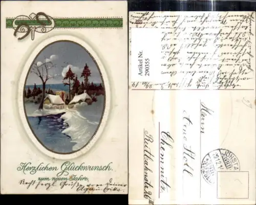 290355,Künstler Ak Neujahr Dorf Winterlandschaft Präge Passepartout Hufeisen Ornament