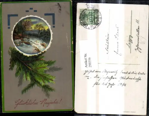 290356,Präge Ak Neujahr Winterlandschaft Passepartout Tannenzweig