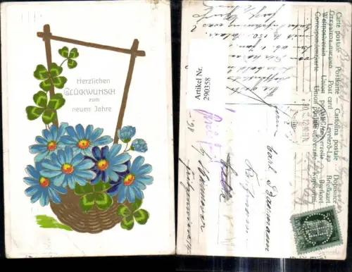 290358,Präge Ak Neujahr Korb m. Blumen Klee Kleeblätter Goldverzierung