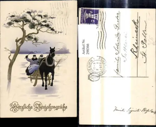 290366,Künstler Ak Neujahr Pferdeschlitten Baum Winterlandschaft Schnee Goldverzierung