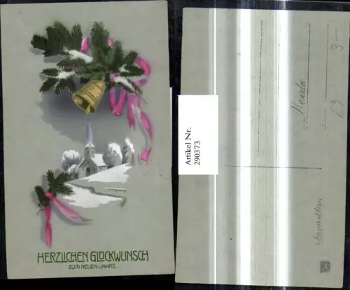 290373,Künstler Ak Neujahr Kirche Winterlandschaft Tannenzweig Glocke Schleife