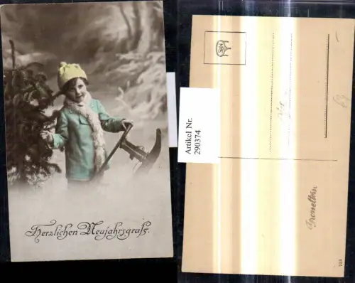 290374,Neujahr Kind m. Schlitten Rodel Tannenbaum