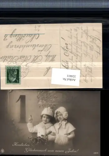 324411,Neujahr Kinder m. Hauben Muff Mistelzweig Zahl 1 pub NPG 2648