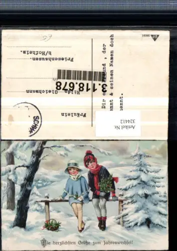 324412,Künstler AK Neujahr Winterlandschaft Kinder Hut Haube Tannenzweige