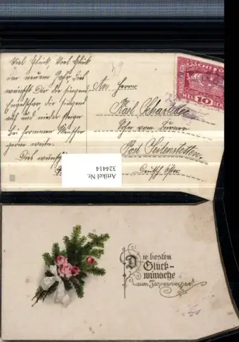 324414,Künstler AK Neujahr Tannenzweig Rosen Schleife