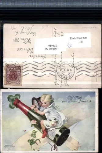324416,Künstler AK E. Reckziegel Neujahr Kind Sektflasche Segelflieger Klee pub B.K.W.I. 3028euro1