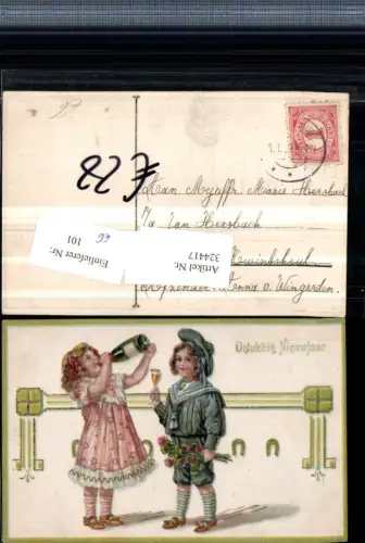 324417,Präge Künstler Litho Neujahr Kinder Sektflasche Sekt Klee Kleeblätter Hufeisen