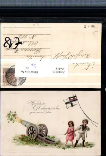 324418,Präge Künstler AK Neujahr Kinder Matrosenanzug Kanone Klee Fahne pub EAS 394