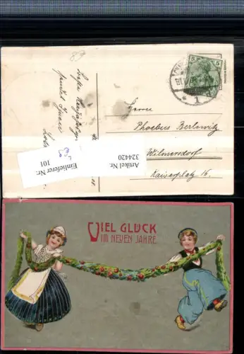 324420,Präge Künstler Litho Neujahr Kinder in Tracht Girlande Blumen