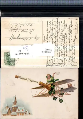 324422,Präge Künstler Litho Neujahr Mädchen Sektflasche Segelflieger Winterstadt
