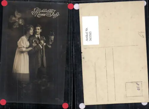 363583,Foto Ak Paar m. Hufeisen Klee Klee i. Topf Neujahr