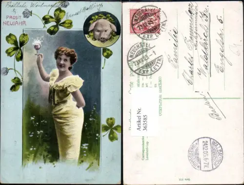 363585,Neujahr Frau m. Sektglas Sekt Klee Kleeblätter Schweinekopf