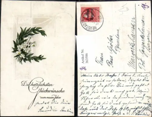 363586,Präge Litho Neujahr Halbkranz Blätter Blumen Stoffband Stange