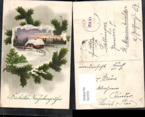 363591,Künstler Ak Neujahr Haus Winterlandschaft Tannenzweige Schnee
