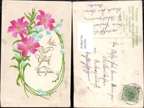 363595,Präge Litho Neujahr Blumen Schwalbe Goldschrift Ornament