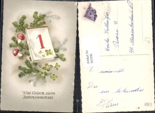 363596,Künstler Ak Neujahr Kalenderblatt 1 Pilze Fliegenpilze Tannenzweige Klee