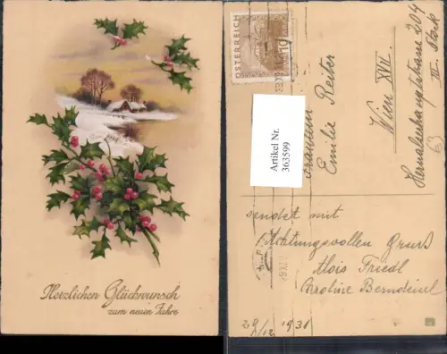 363599,Künstler Ak Neujahr Haus Winterlandschaft Stechpalmenzweig Goldschrift