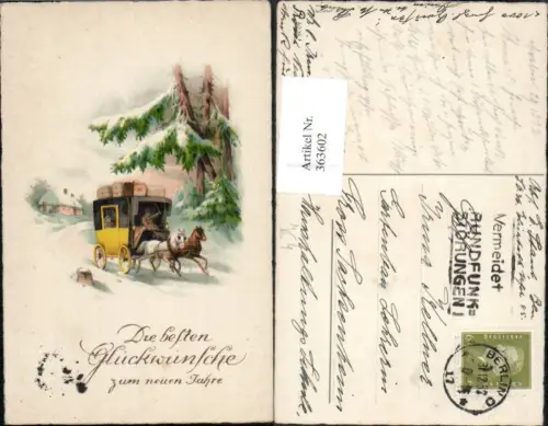 363602,Künstler Ak Neujahr Postkutsche Kutsche Winterlandschaft Haus