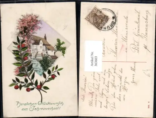 363603,Künstler Ak Neujahr Wassermühle Gebäude Zweig Passepartout