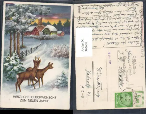 363608,Künstler Ak Neujahr Rehe Wild Winterdorf b. Sonnenuntergang