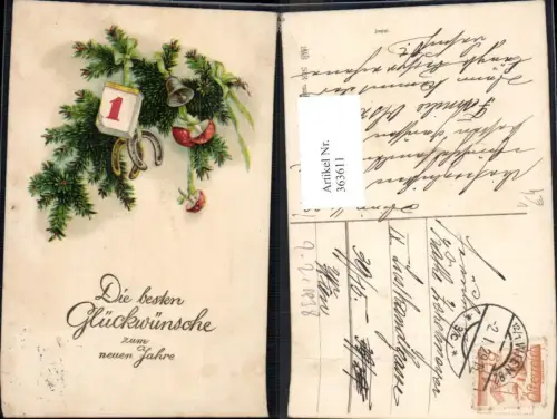 363611,Künstler Ak Neujahr Kalender Hufeisen Glocken Pilze Fliegenpilze Tannenzweig pub HWB 1223