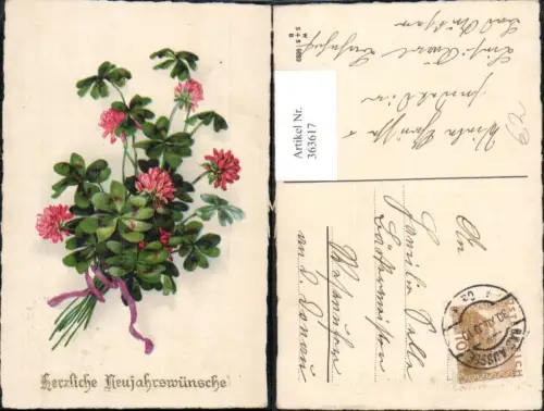 363617,Künstler Ak Strauß Klee Kleeblätter Schleife Neujahr