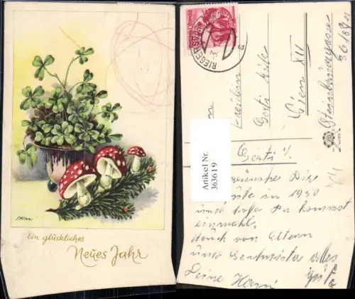 363619,Künstler Ak F. Milan Neujahr Topf m. Klee Kleeblätter Pilze Fliegenpilze Tannenzweig