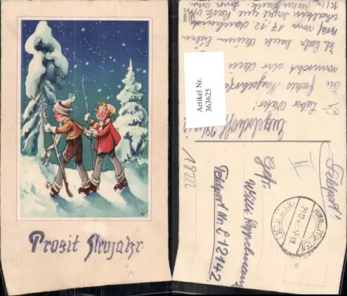 363625,Künstler Ak Neujahr Kinder wandern d. Winterwald Passepartout