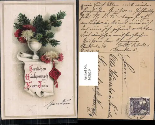 363629,Künstler Ak Neujahr Blumentopf Vase m. Tannenzweigen Siegel Papierrolle