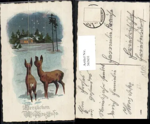 363631,Künstler Ak Neujahr Rehe Wild Haus i. Winternacht