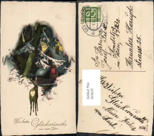 363632,Künstler Ak Neujahr Reh Wild Haus Winterwald Passepartout